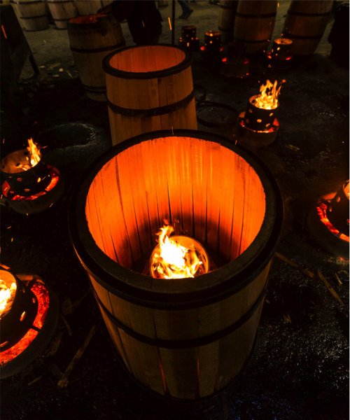 Charring a new bourbon cask